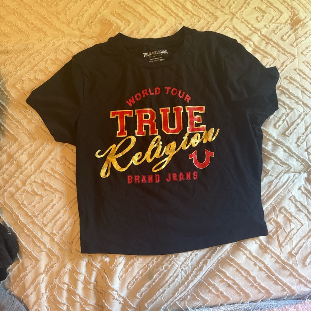 True Religion Black Crop Top with Red and Gold Accents